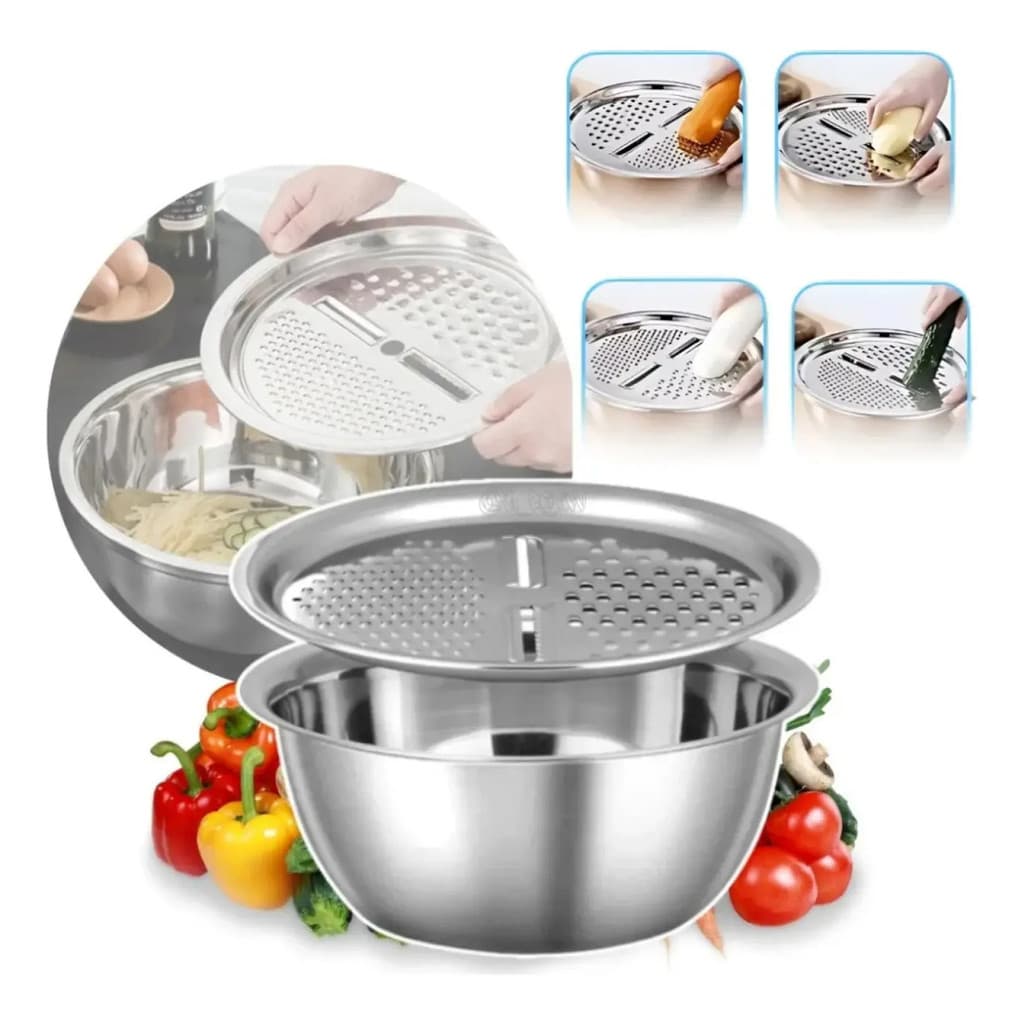 Ralador de Legumes Inox 4 em 1 com Bacia Saladeira Tigela Multifuncional 26cm Cozinha Profissional