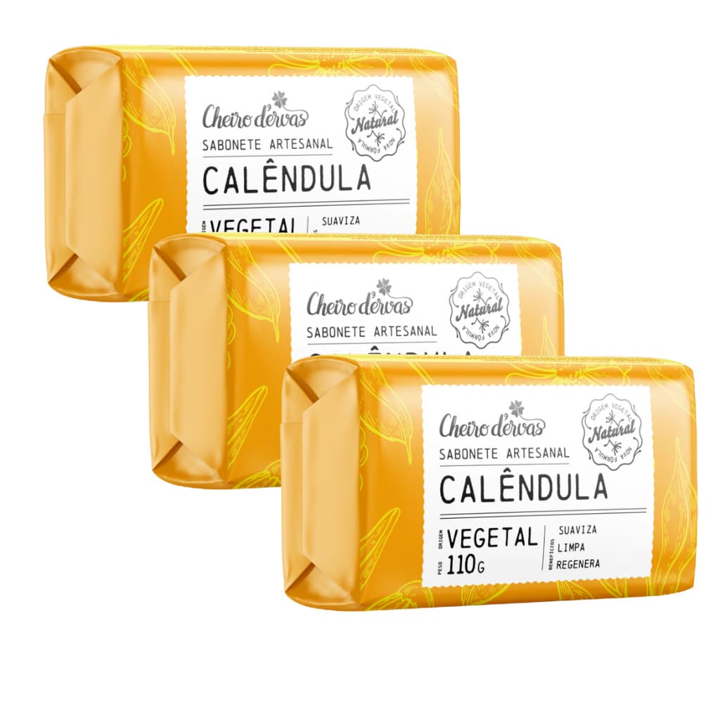 Kit 3 Unidades Sabonete vegetal em Barra Calêndula 110g Cheiro D´Ervas