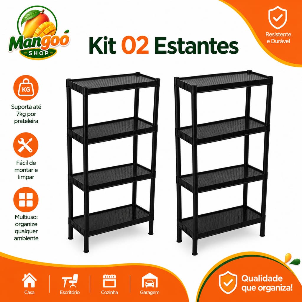 KIT 2 Estante com 4 Prateleira Organizadora Modular Multiuso para Cozinha Quarto Livros Sapateira