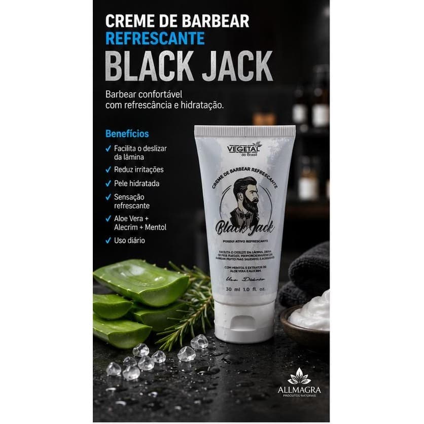 CREME DE BARBEAR BLACK JACK – VEGETAL DO BRASIL | BARBEAR SUAVE | HIDRATAÇÃO | REFRESCÂNCIA | 30ML