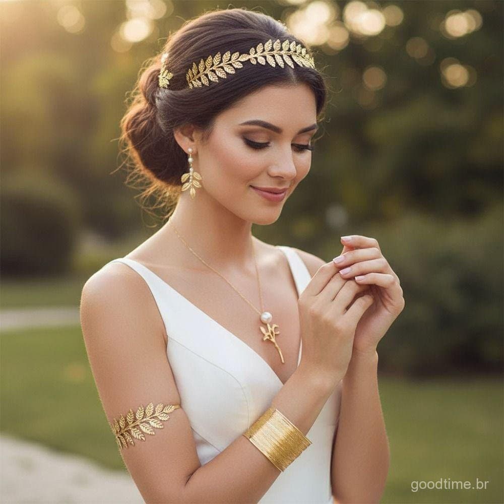 Acessórios de cabelo de deusa grega, brincos de noiva, conjunto de casamento feminino em ouro, pulseira
