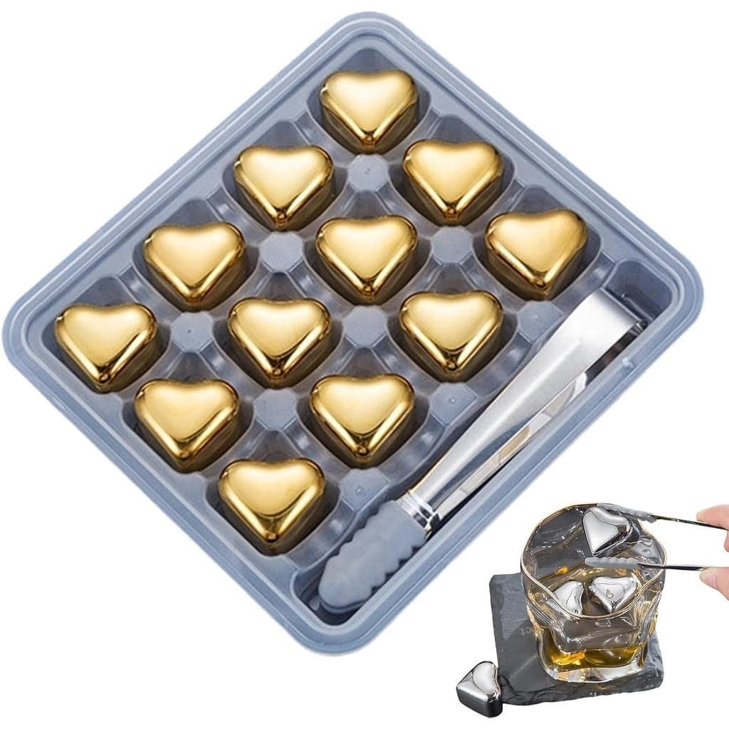 Conjunto de Cubos de Gelo Reutilizáveis em Aço Inoxidável em Forma de Coração, Pacote com 4/6/8/12 Pedras de Gelo para W