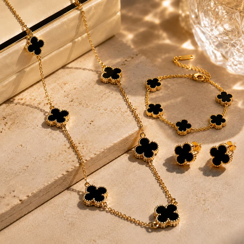 Conjunto de Joias Femininas Trevo Preto Colar Pulseira Anel Dourado Elegante Moda