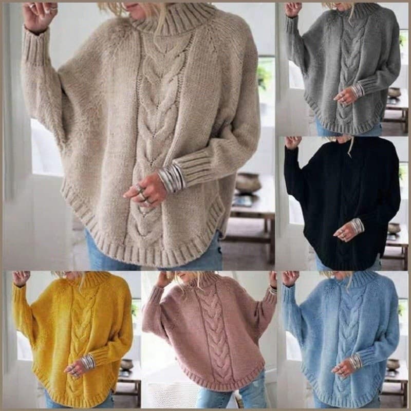 【Design Moderno】[Ideal para Outono-Inverno] Suéter Feminino Solto com Mangas Morcego e Trança/Gola Alta Parcial/Casual