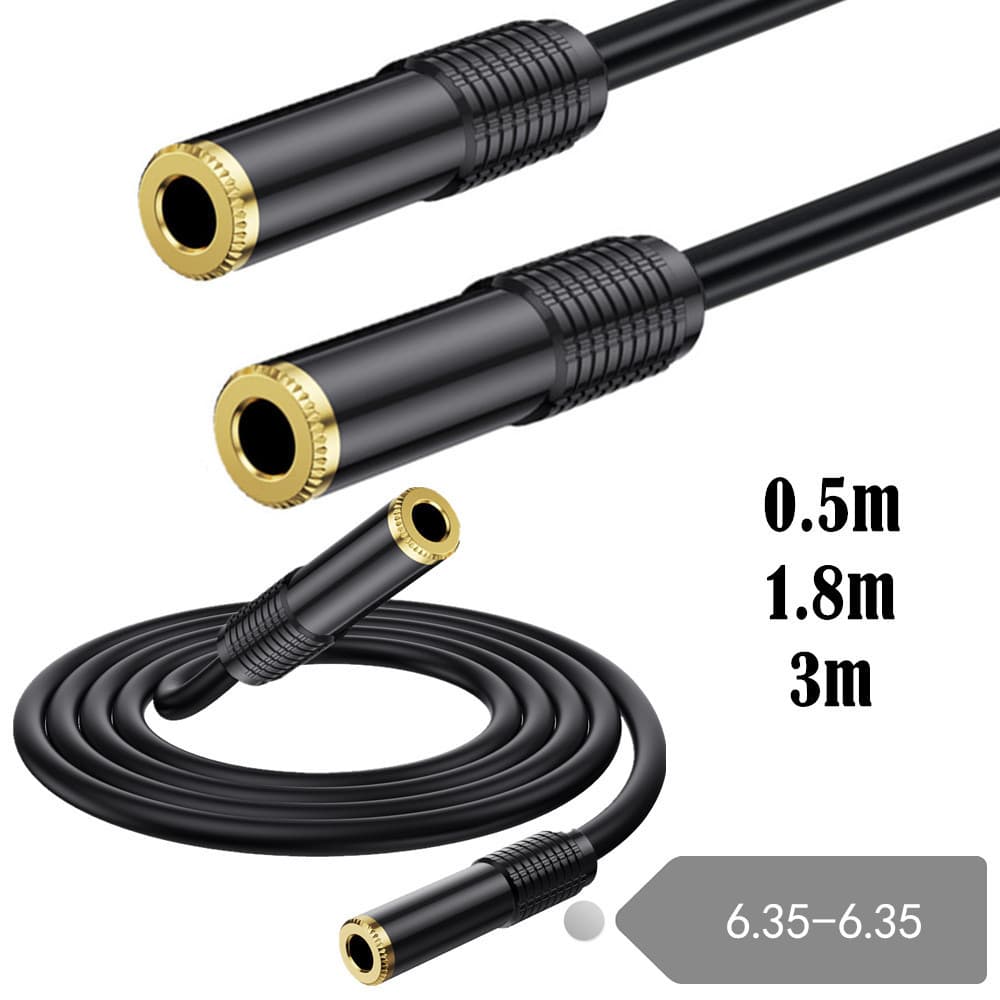 Cabo de extensão de áudio de 6.35 mm | Cabo de áudio estéreo fêmea para fêmea de 6.5 mm | 0.5/1.8/3m | Adequado para gui