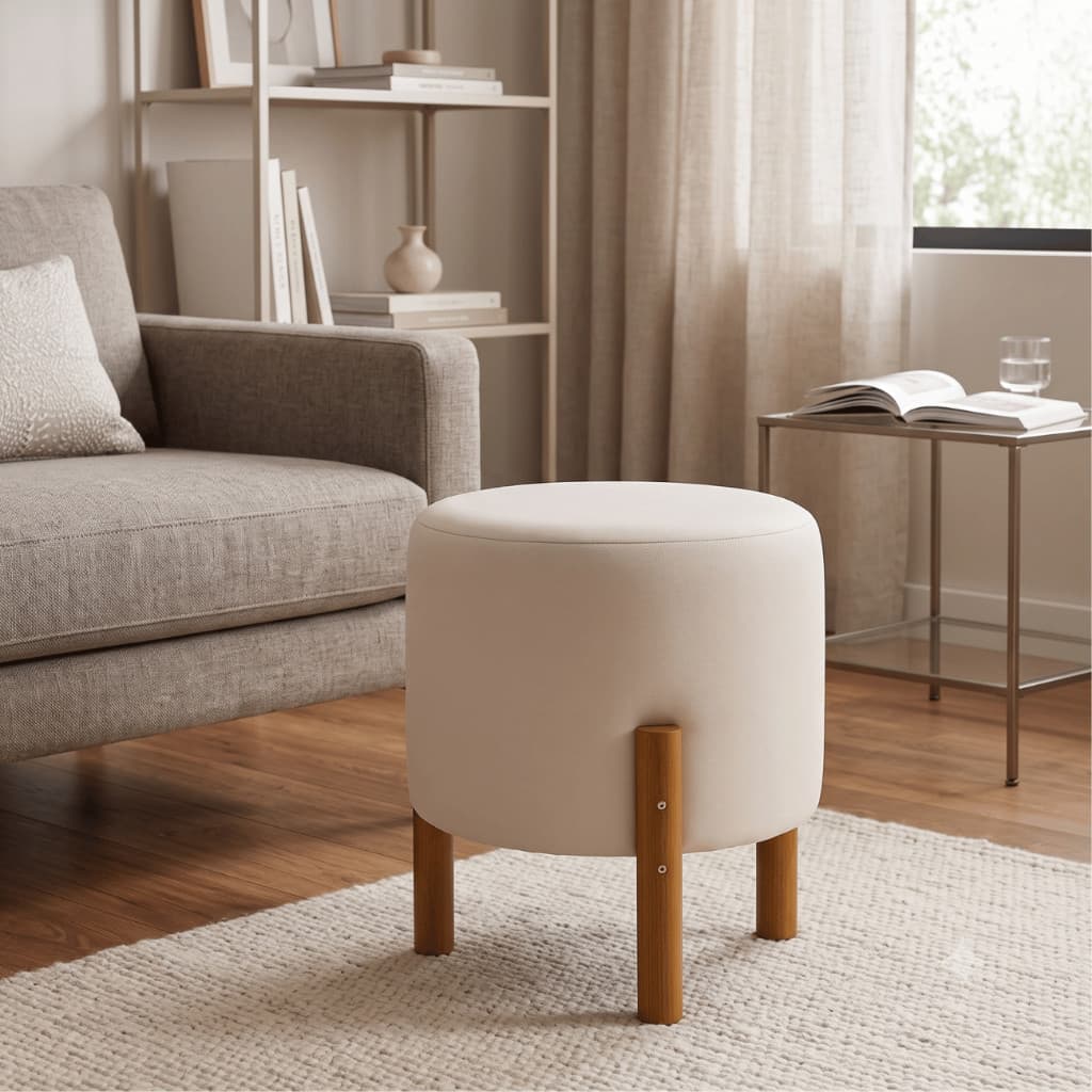 Puff Decorativo Redondo Pés Madeira Maciça Sala Quarto Closet Assento Extra Premium Casa