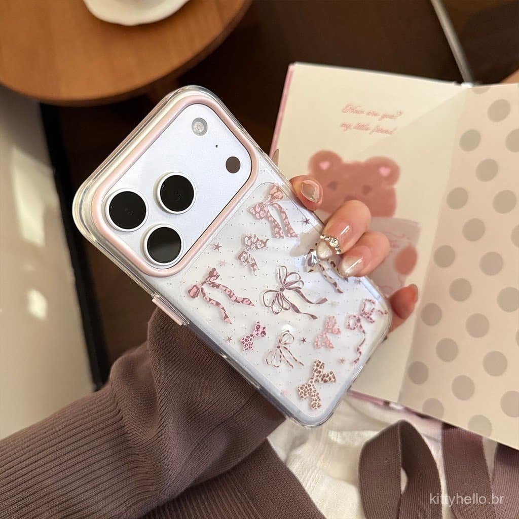 Laço rosa adequado para capa de iPhone 17 Pro Max, iPhone 16 Pro, doce e estiloso, de alto valor estético, capa transpar