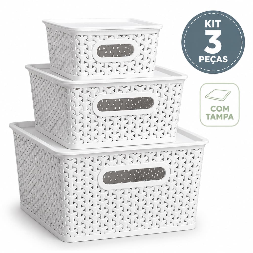 Kit 3 Cestos Organizadores com Tampa Rattan Branco ou Preto Caixa Organizadora Multiuso