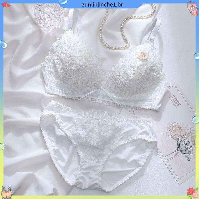 Primavera verão roupa interior branca feminina sem fio estilo fino 2024 novo estilo menina renda arco sutiã calcinha con