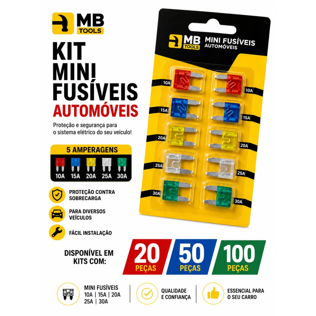 Mini Fusíveis Automotivos Kit 20 50 100 Peças 10A 15A 20A 25A 30A