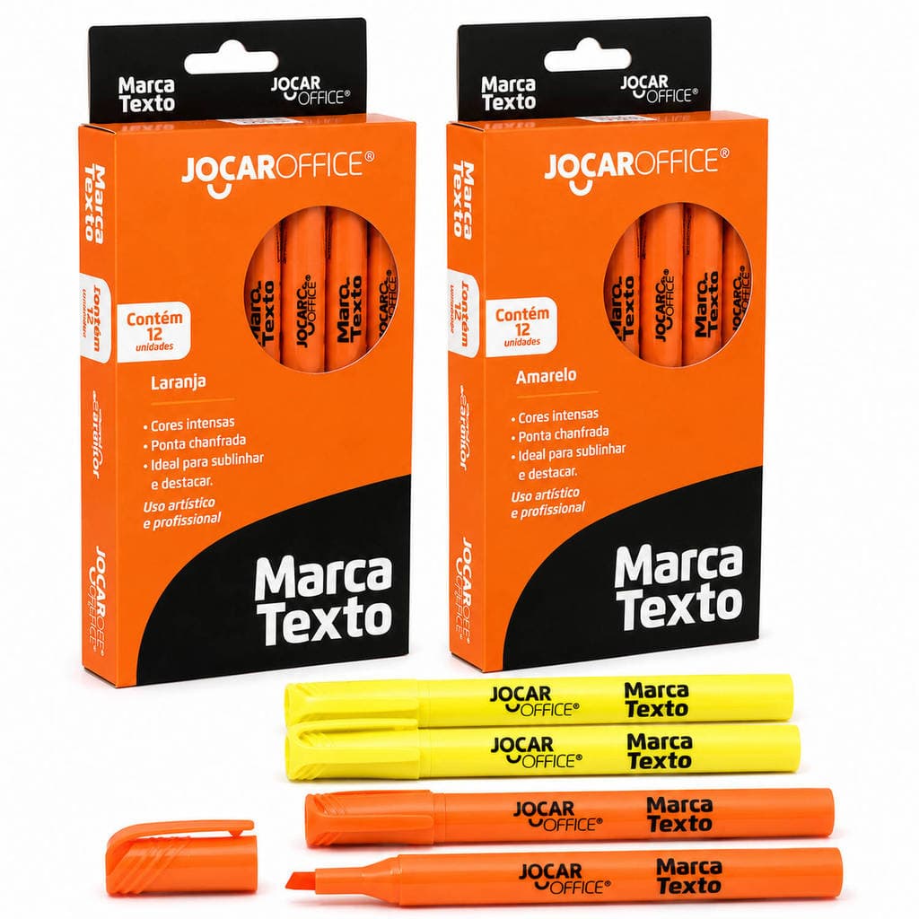 Kit 12 Canetas Marca Texto Laranja + 12 Canetas Marca Texto Amarela - JocarOffice