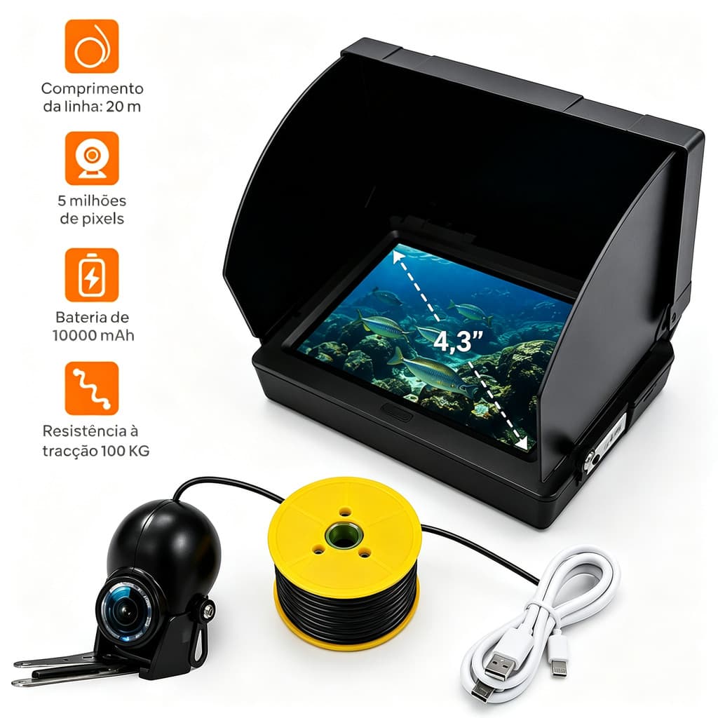 🎣 Câmera Subaquática 20m Com Tela IPS 4.3" HD E Visão Noturna | Localizador De Peixes IP68