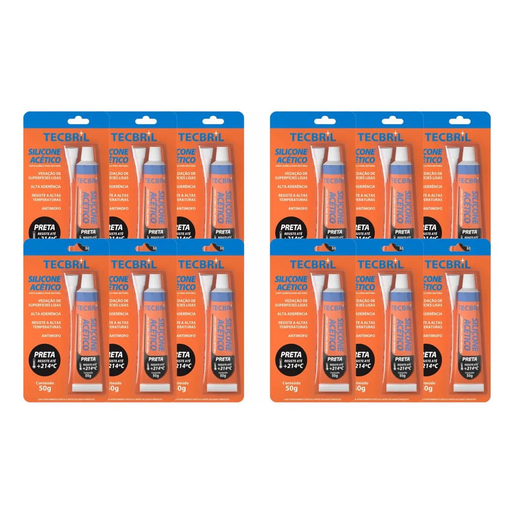 Kit 12 Silicones  Tecbril Alta Temperatura Acético Preto 50g