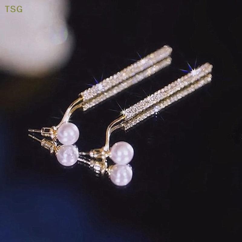 [Trêsgoodstonesgen] Novos Brincos Coreanos Longos sel Pérola Pendurados Para Mulheres Luxo Cheio De Strass Cor Dourada B