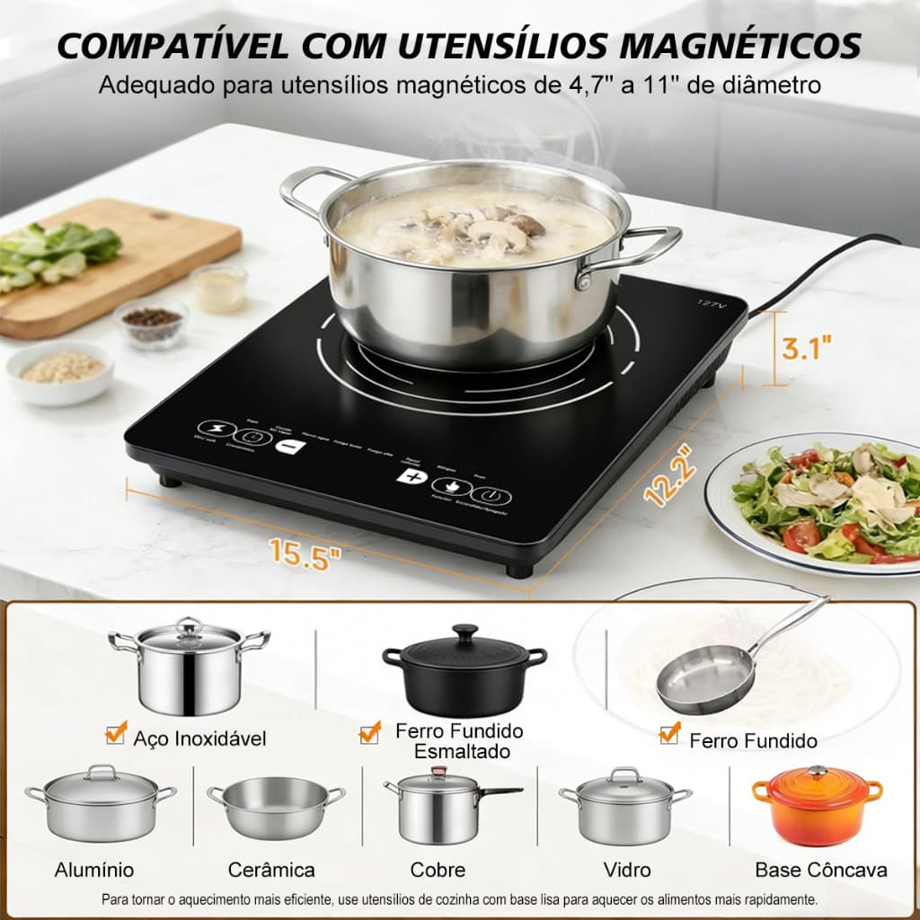 Cooktop Indução Portátil 1 Boca 2000W | Painel Touch c/ Timer | Bivolt 127/220V | Economia de Energia