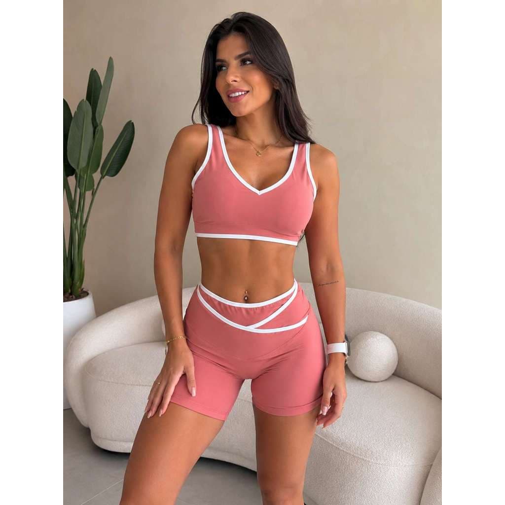 Conjunto Fitness Feminino Top Esportivo com Bojo Removível + Bermuda Cintura Alta Compressão