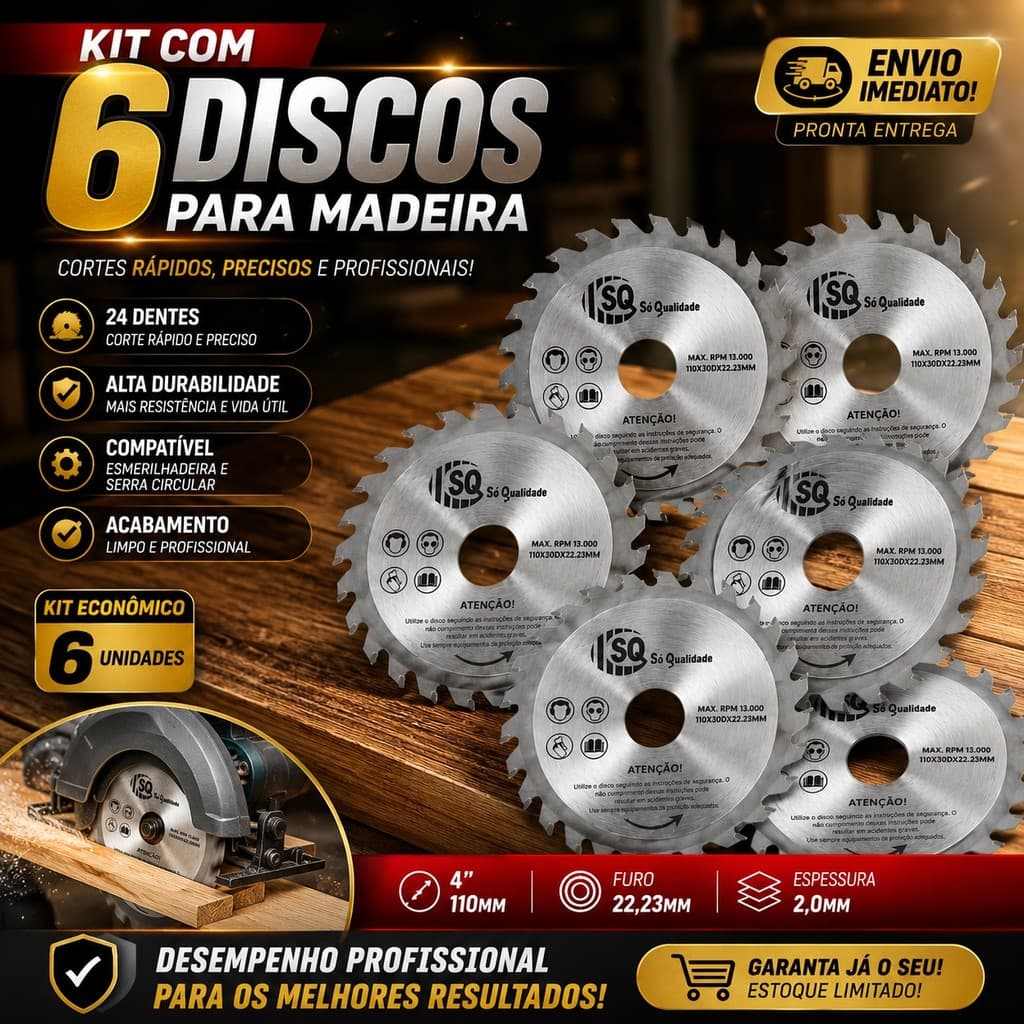 Kit 6 Disco de Corte para Madeira 4"24 Dentes 110mm Esmerilhadeira Serra Circular Compatível Makita