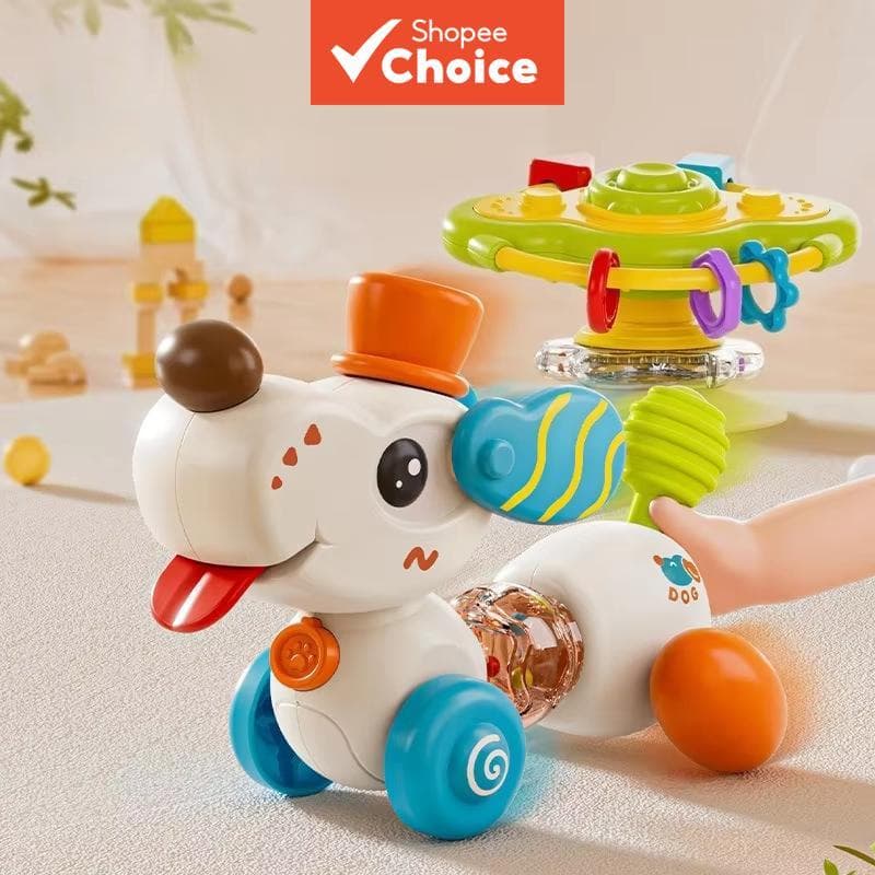 Mesa de jantar infantil com ventosa e brinquedo em forma de cachorro, sem bateria, empurra e desliza, mordedor,