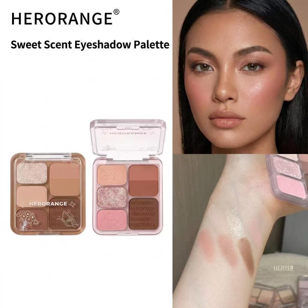 Paleta de sombras de seis cores HERORANGE com acabamento matte e cintilante, blush e sombra para os olhos.