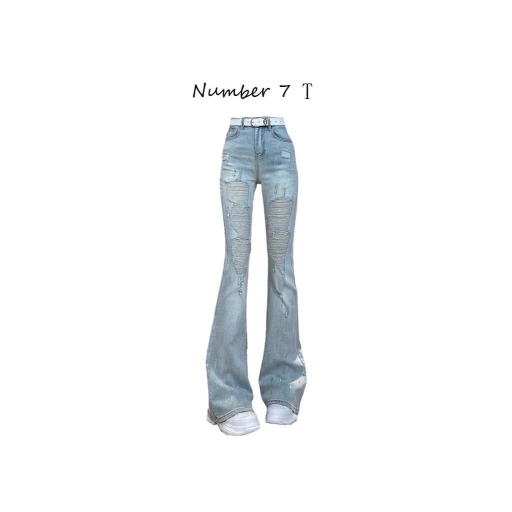 [Novo produto] Verão Retro high Street rasgado Jeans feminino cintura alta mais magro olhar fino ajuste longo queimado c