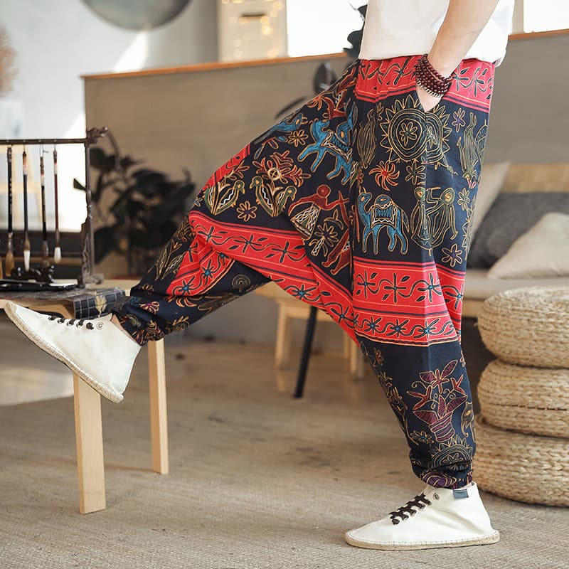 Calças Compridas Estilo Japonês De Virilha Chinês Linho Flor Masculinas Grande