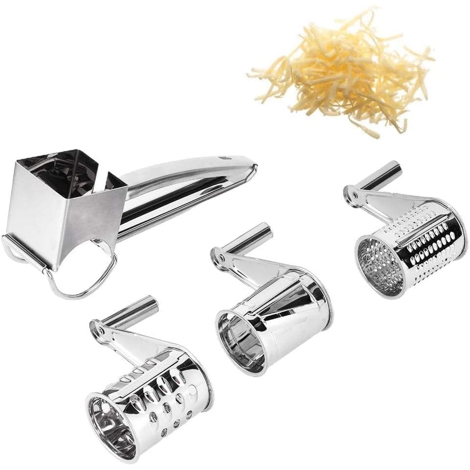 Ralador de Queijo Rotativo, Cortador de Queijo em Aço Inoxidável com 3 Lâminas de Tambor, Ralador de Queijo Manual para
