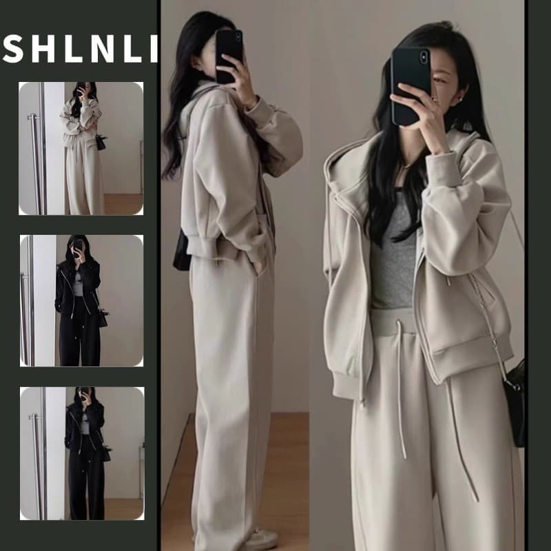 Conjunto de 2 Peças para Outono/Inverno, Casual, Cor Sólida, Esportivo, Conjunto Feminino com Moletom com Capuz + Calças