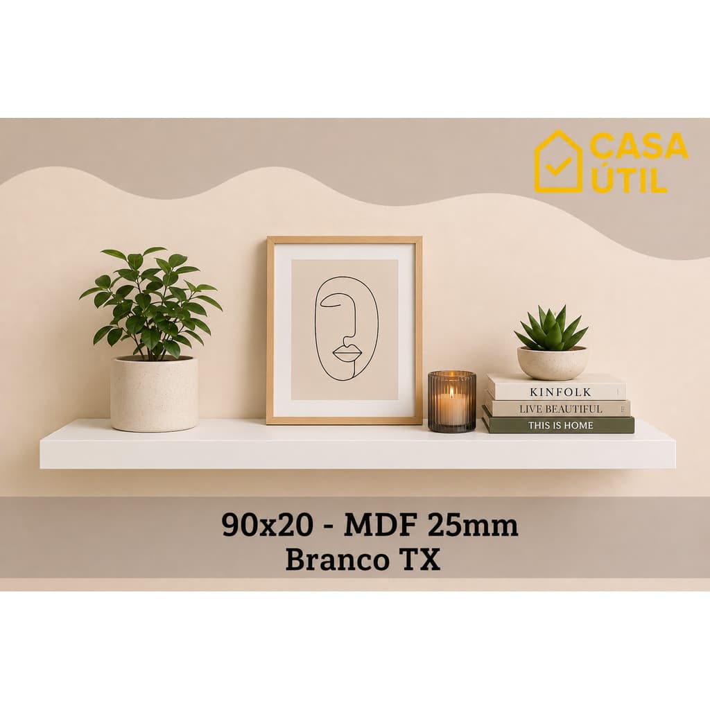 Prateleira Flutuante 90x20 cm MDF 25mm Branca com Suporte Invisível Sala, Cozinha e Quarto