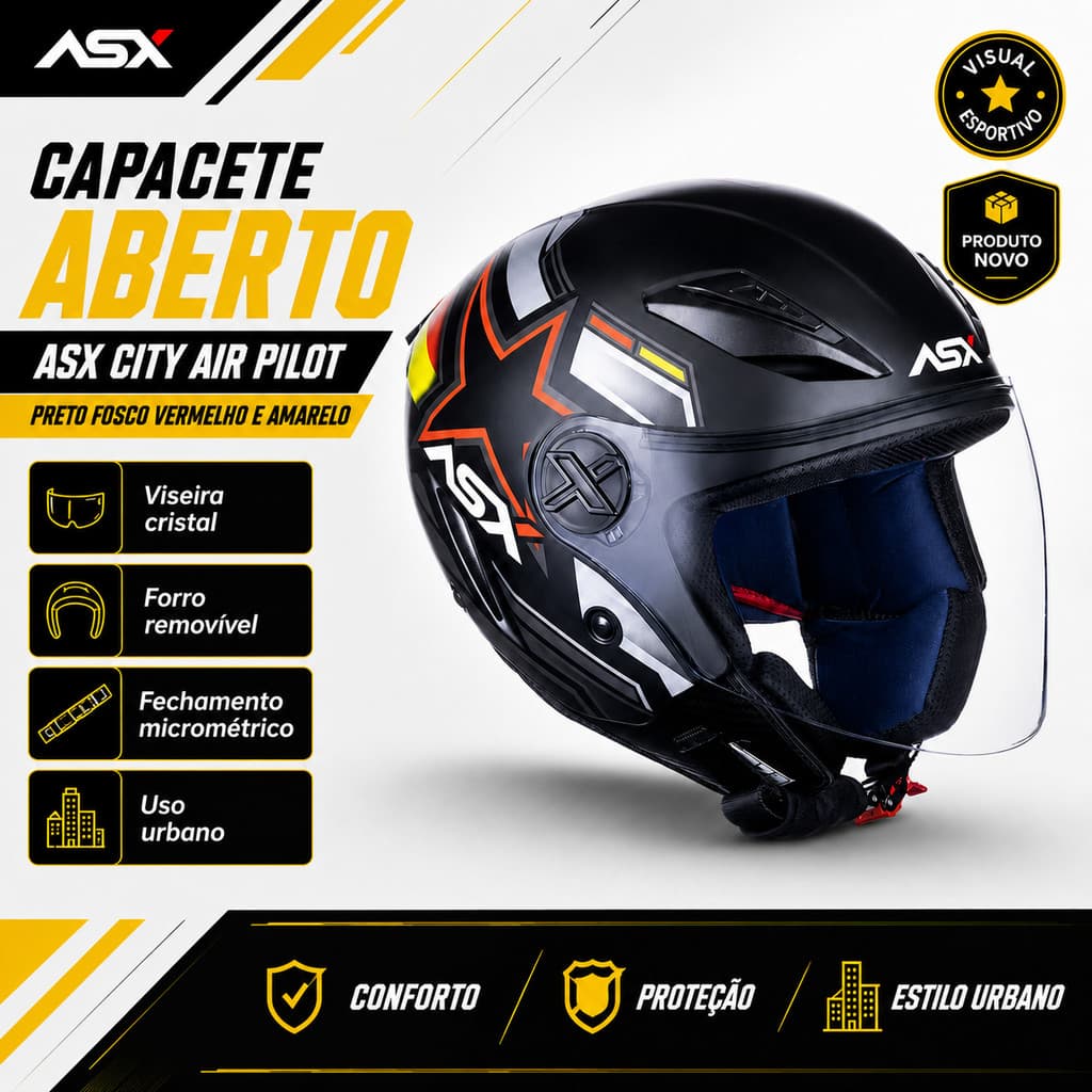 Capacete ASX City Air Pilot Aberto Preto Fosco Vermelho e Amarelo