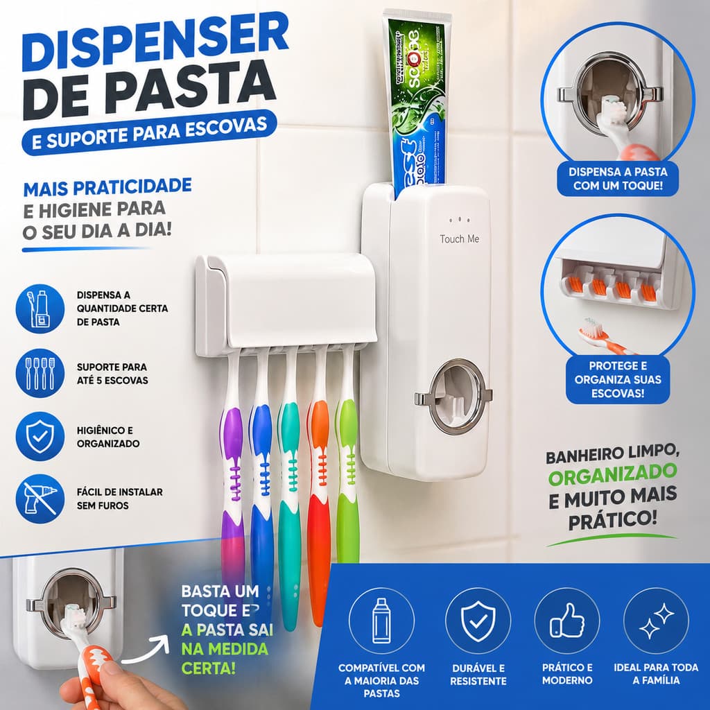 Dispenser de Creme Dental Pasta de Dente com Porta Escovas Suporte Prático Fácil Uso