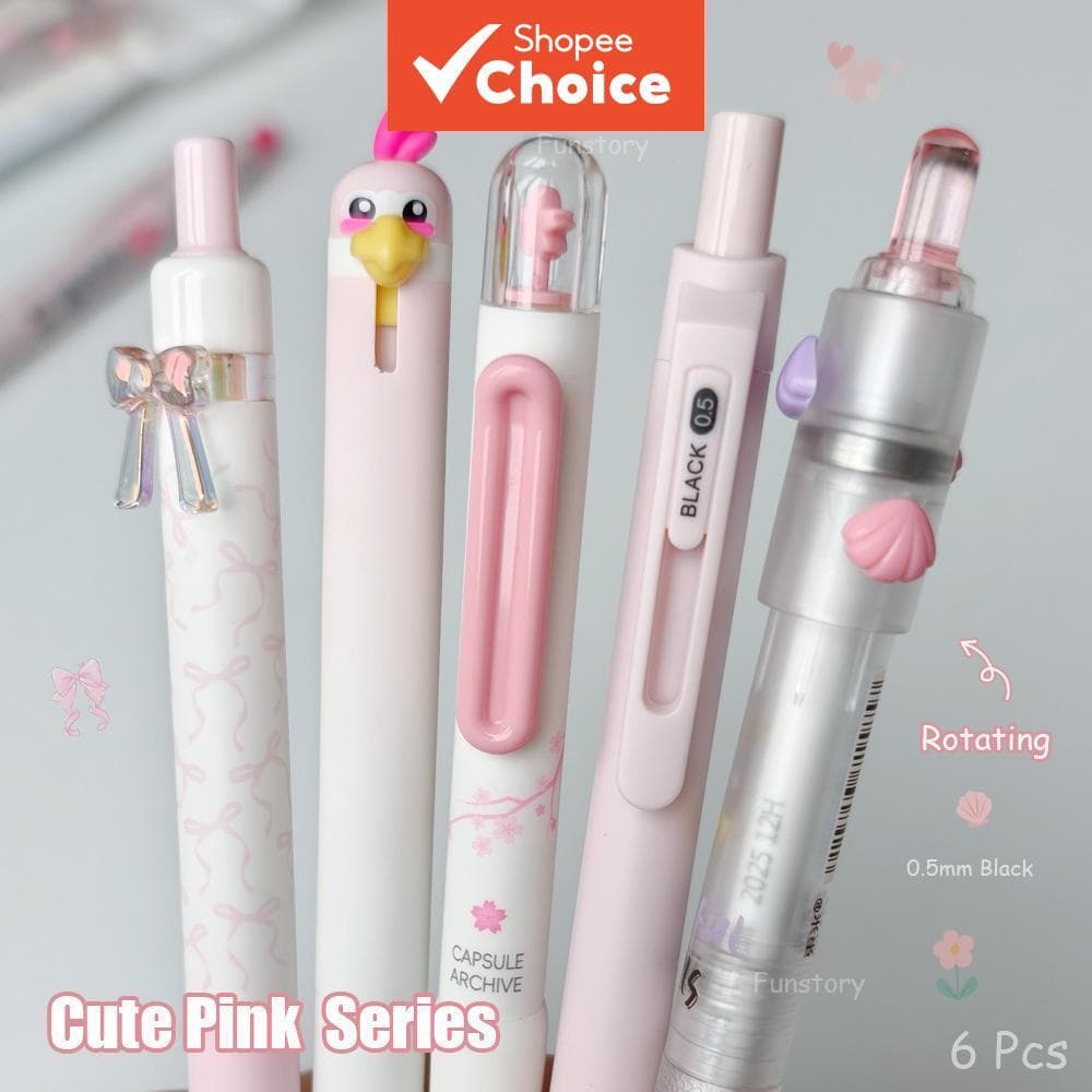 Conjunto De Canetas De Gel Rosa Divertidas , 6 Peças , 0.5 Mm , Estilo Fofo , Pretas De Secagem Rápida Para Estudo E Uso