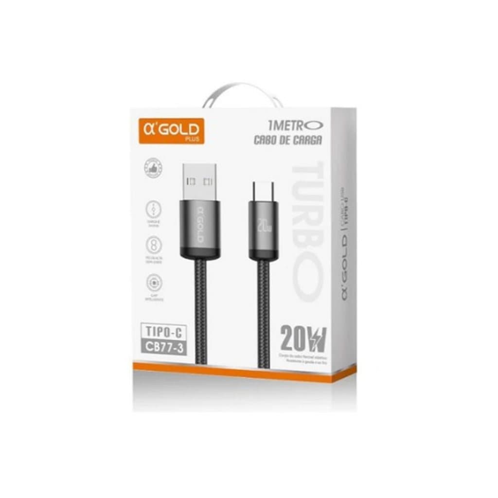 Cabo de Dados e Carregamento AGOLD Tipo C V8 iPhone 1M 20W Fast Charge Reforçado