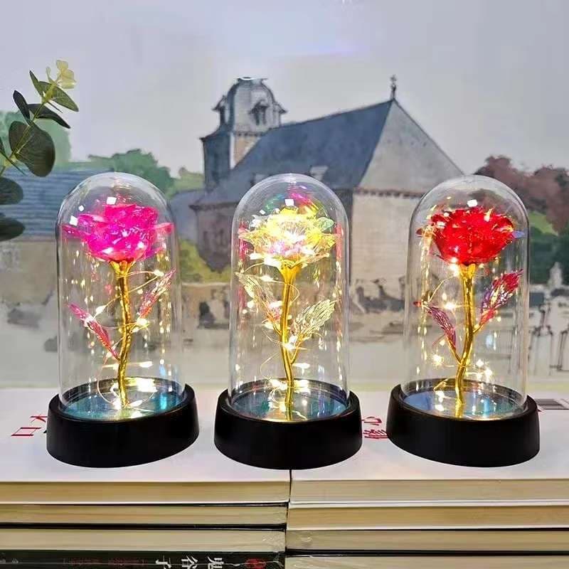 Enchanted Rose with LED Light – Decorative Artificial Eternal Flower in Acrylic Dome