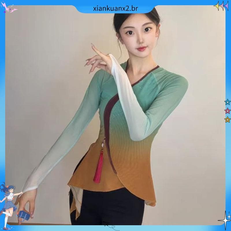 Dança clássica novo estilo traje de dança feminino elegante gaze corpo rima prática desempenho chinês traje étnico gradi