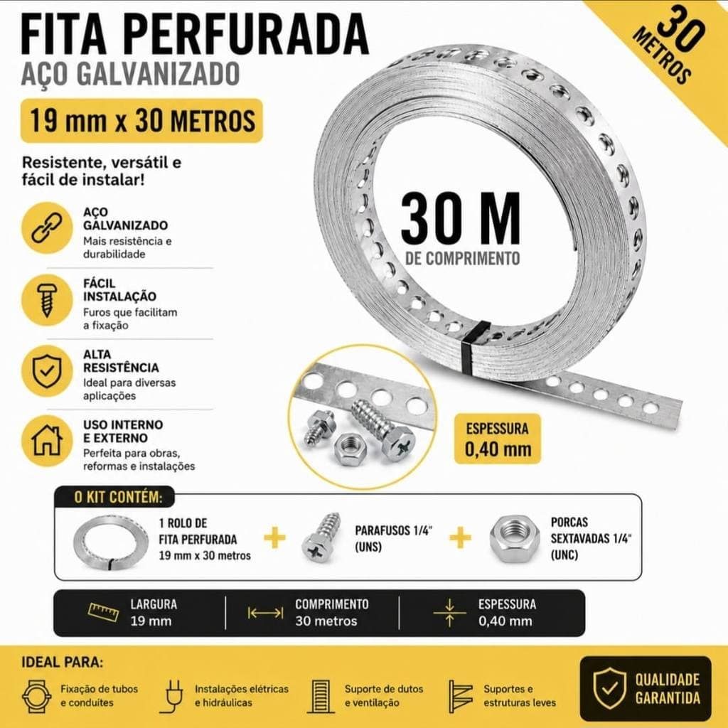 Fita Perfurada Galvanizada 40mm x 30 Metros para Fixação de Tubos, Eletrodutos e Instalações