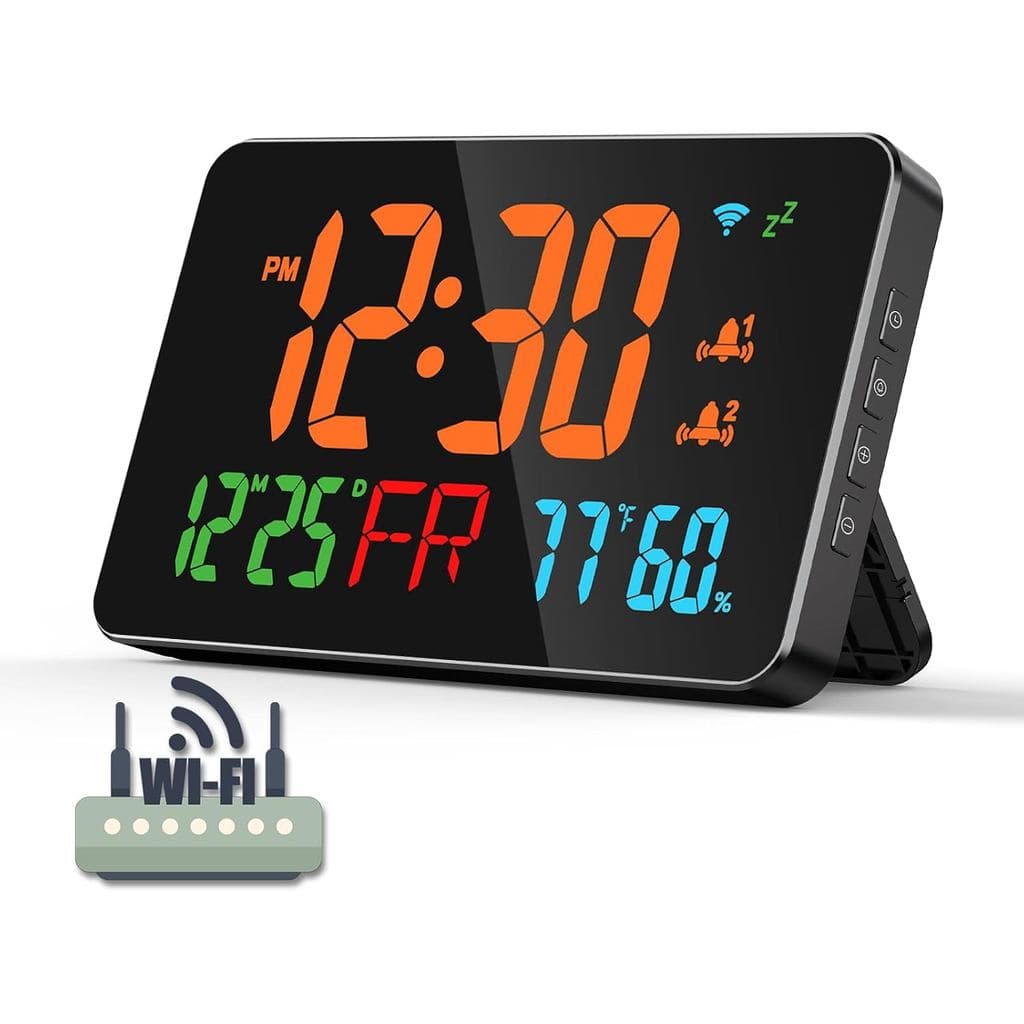 Relógio atômico WiFi de 2.4GHz, calibração automática de hora, inclui fuso horário, temperatura, umidade, despertador, d