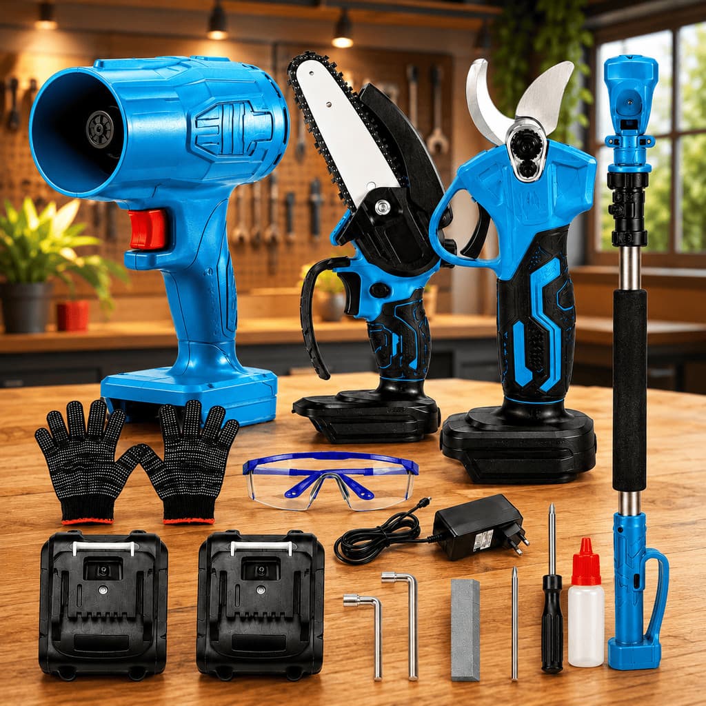 Kit 3 Em 1 Poda Corte Sopra Tesoura Elétrica Mini Motosserra Soprador Bateria 48V Lítio Jardim Pomar Oferta Exclusiva