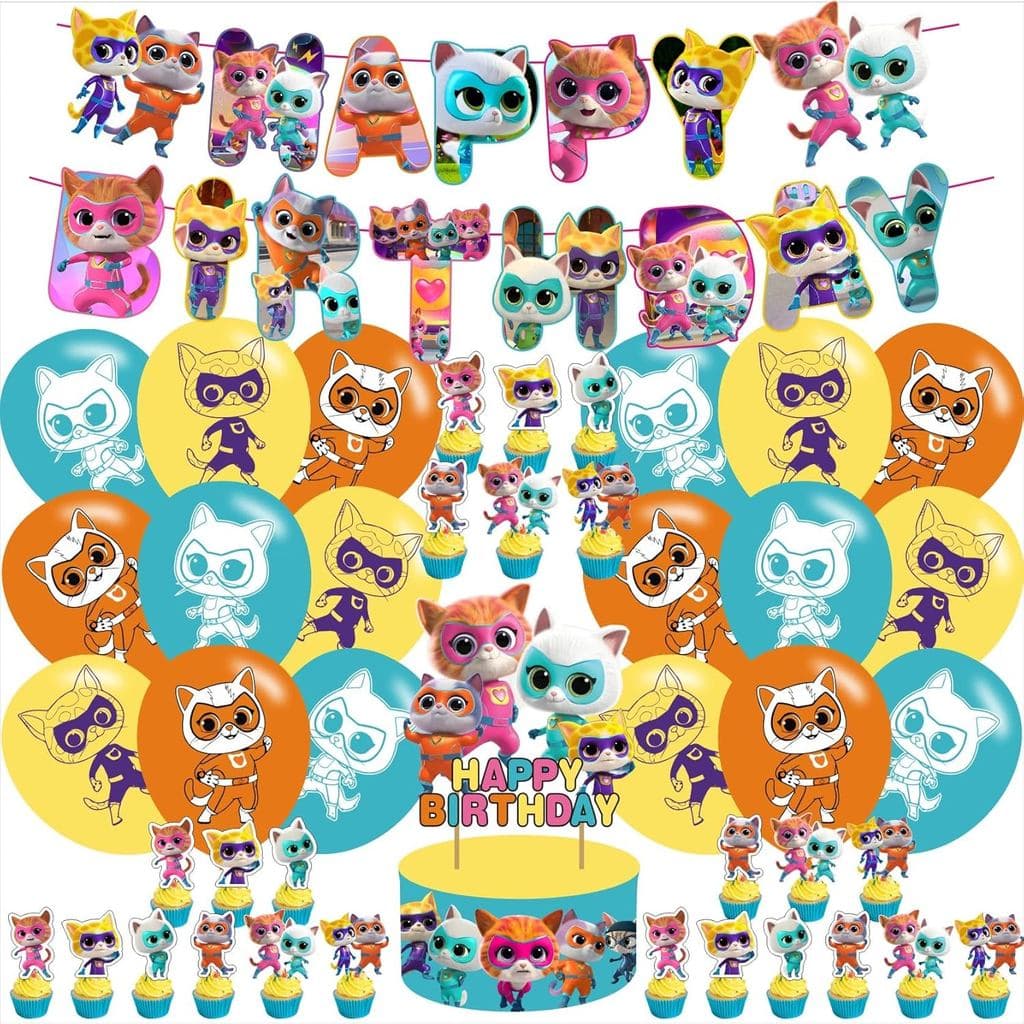 Decorações de Festa Super Kitties, Suprimentos para Festa de Aniversário com Gatos de Desenho Animado Fofos, Inclui Faix
