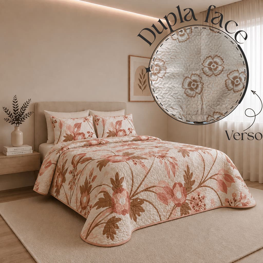 Colcha Cobre Leito Casal Queen King 3 Peças Dupla Face Estampada Metalado