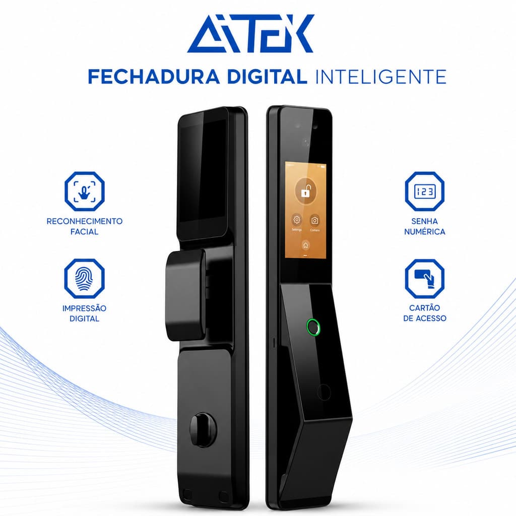 Fechadura Digital Inteligente Aitek Alpha 215 com Reconhecimento Facial Biometria Senha Cartão e App