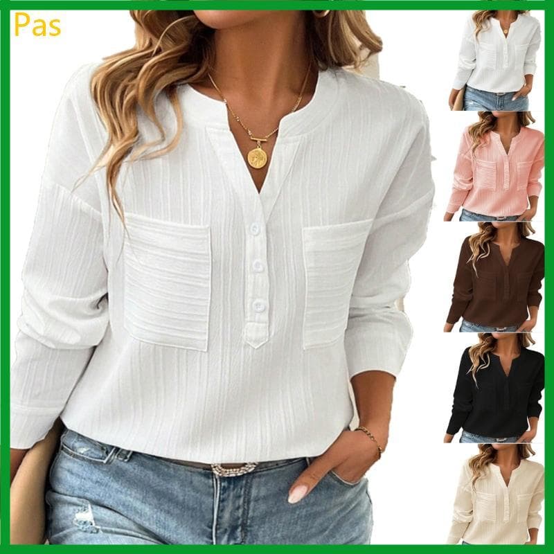 Camisa Feminina Casual Comprida Botões, Elegante, Texturizada, Cor Sólida, Forro Macio Bolsos