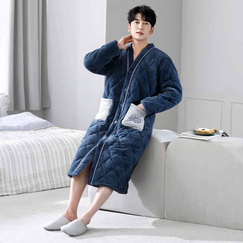 [Novo produto] Camisola de lã Coral masculina inverno três camadas de flanela grossa acolchoada pijama masculino quente