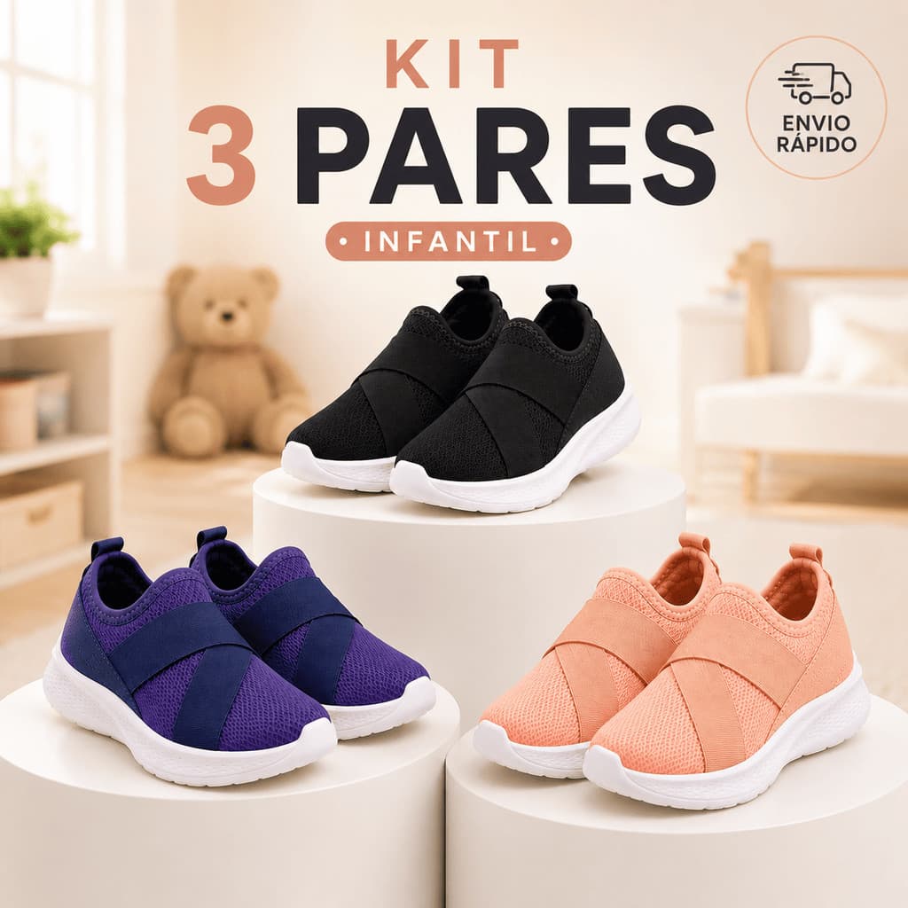 Kit 3 Pares Tênis Infantil Sem Cadarço Respirável Leve Macio Calce Fácil Menino Menina Dia sapato Bom
