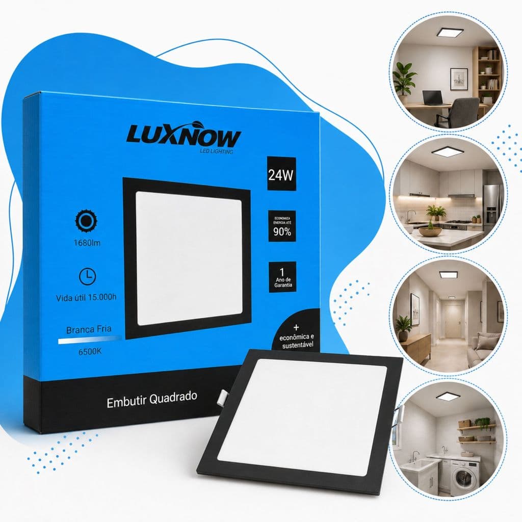 Painel Led Borda Preta Embutido Quadrado 24W 6500K - 29,5cm x 29,5cm - Branco Fria - Luxnow