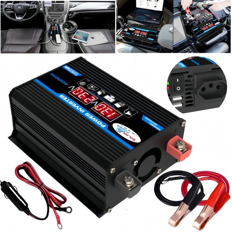 Inversor de carro DC 12V para AC 220V pico 4000W potência nominal 300W display LED 2 USB conversor de energia veicular
