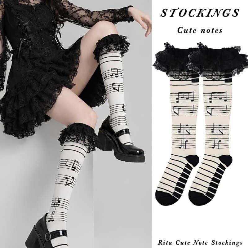 2-1 Pares De Meias Com Estampa De Notas Musicais Y2K – Elásticas Confortáveis Até O Joelho Longas Estilo Japonês Lolita