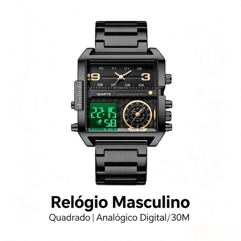 relógio masculino esportivo analógico digital quadrado aço inoxidável preto alarme cronômetro para uso diário e aventura
