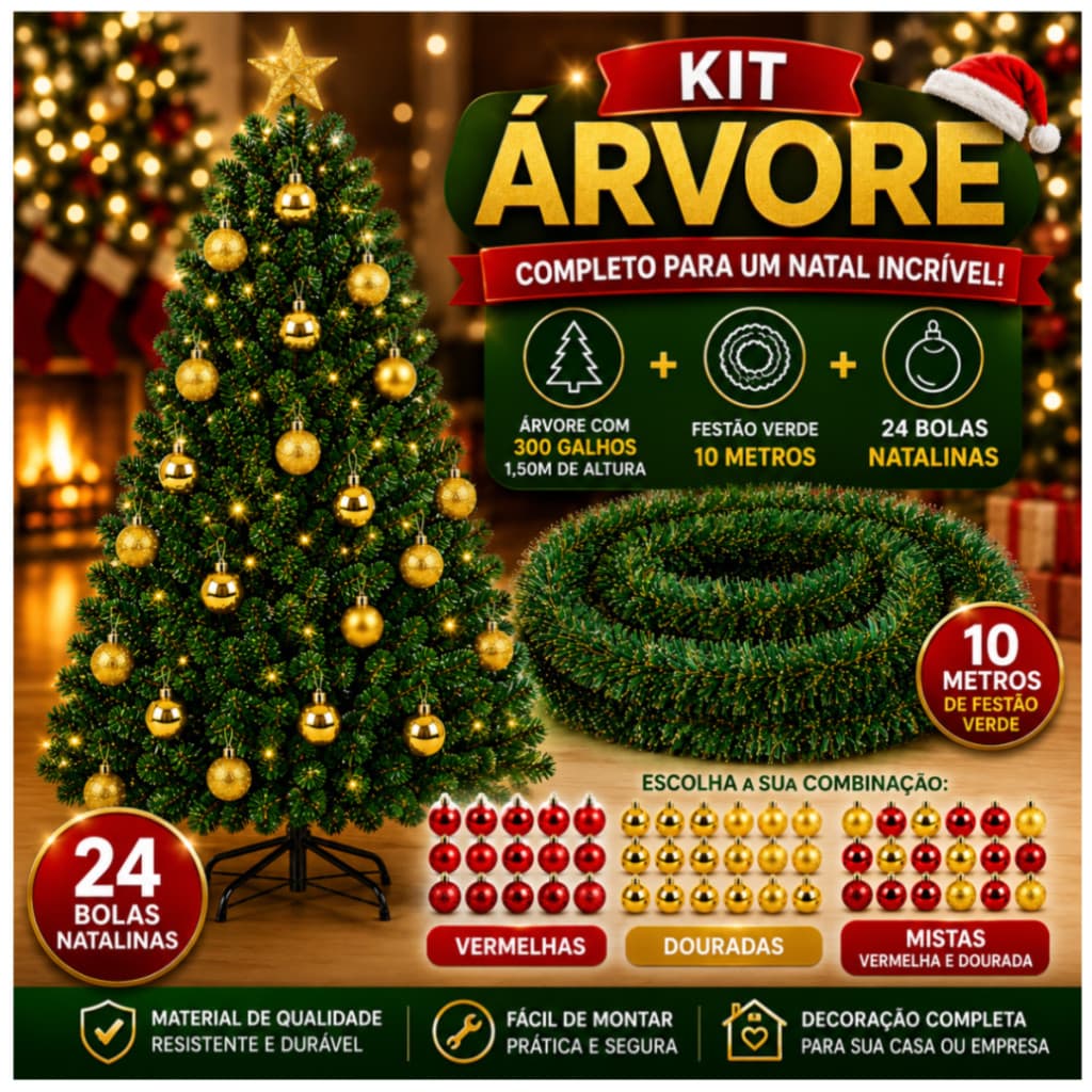 Kit Árvore de Natal + 10M Festão + 24 Bolas Vermelhas, Douradas ou Mistas | Decoração Natalina Completa