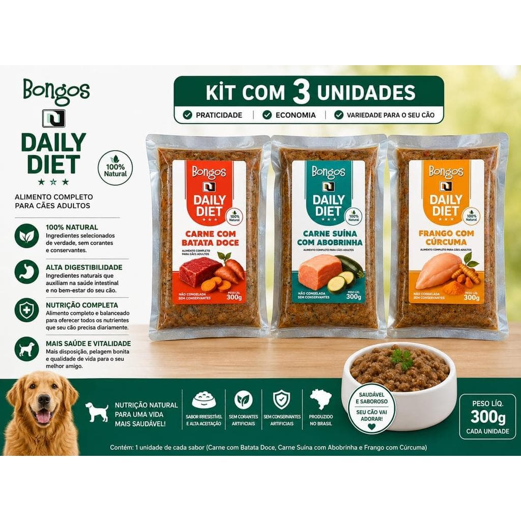Kit 3 Ração Natural Bongo’s Daily Diet Sabores Variados 300g Cães