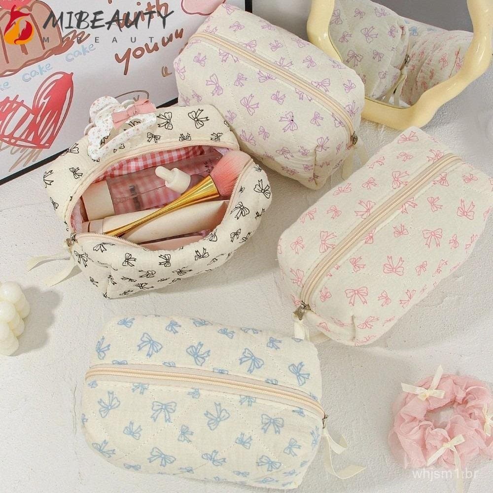 Bolsa de Maquiagem Acolchoada MIBEAUTY, Nécessaire com Zíper e Laço Fofo, Multifuncional para Armazenamento em Viagens